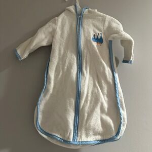 Vintage Baby Sleep Sack Wearable Blanket Hooded White Terry Cloth  Geese Blue